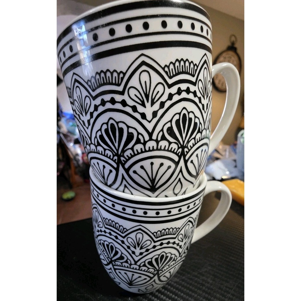 Royal Norfolk Porcelain Black/White Designed 14 oz Coffee Mug Cup (Lot Of 2)